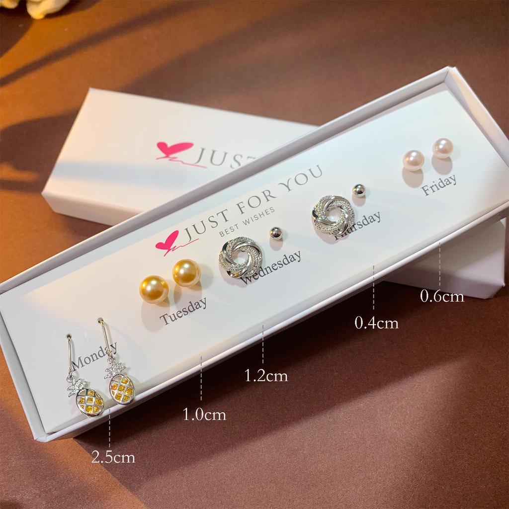 Weekly Earring Set: Flower Zircon Studs, Simple Ear Cuffs, Pearl Tassel French Earrings - 5 Pairs