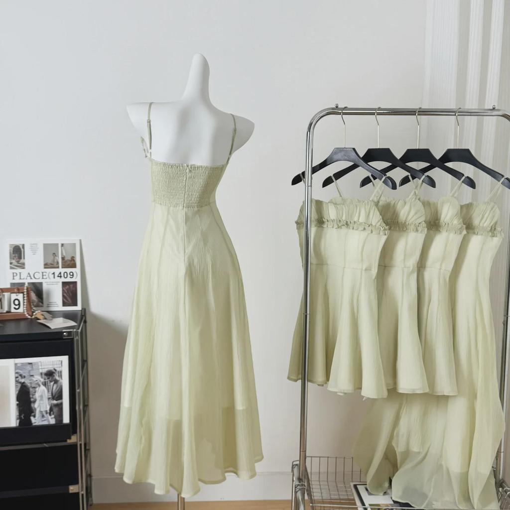 2025 Spring Slim Waist Long French Suspender Mesh Dress