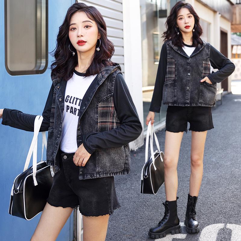 

2024 Весна/Лето Женский свободный клетчатый джинсовый жилет с капюшоном 2XL