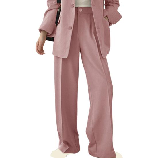 Yousheng Women Coat Pants Turn-down Collar Double Button Closure Cardigan Long Sleeve Jacket High Waist Straight Trousers Lady Formal Commute Outfit