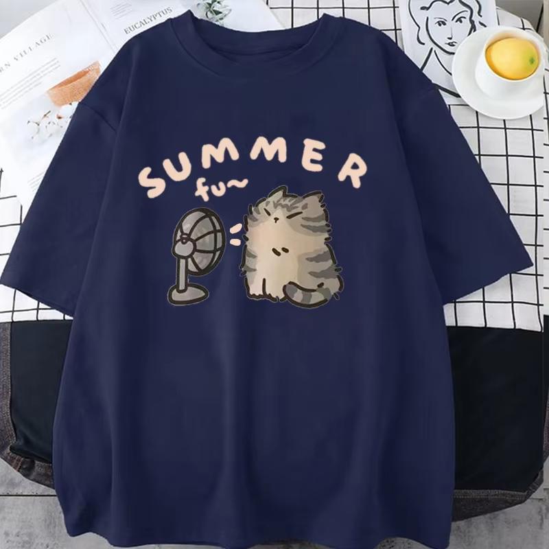 2026 Summer Hot Sale Korean Version Retro Minimalist Cat Printed Summer Tshirt Casual Loose Couple Thin Short Sleeve Unisex Unisex