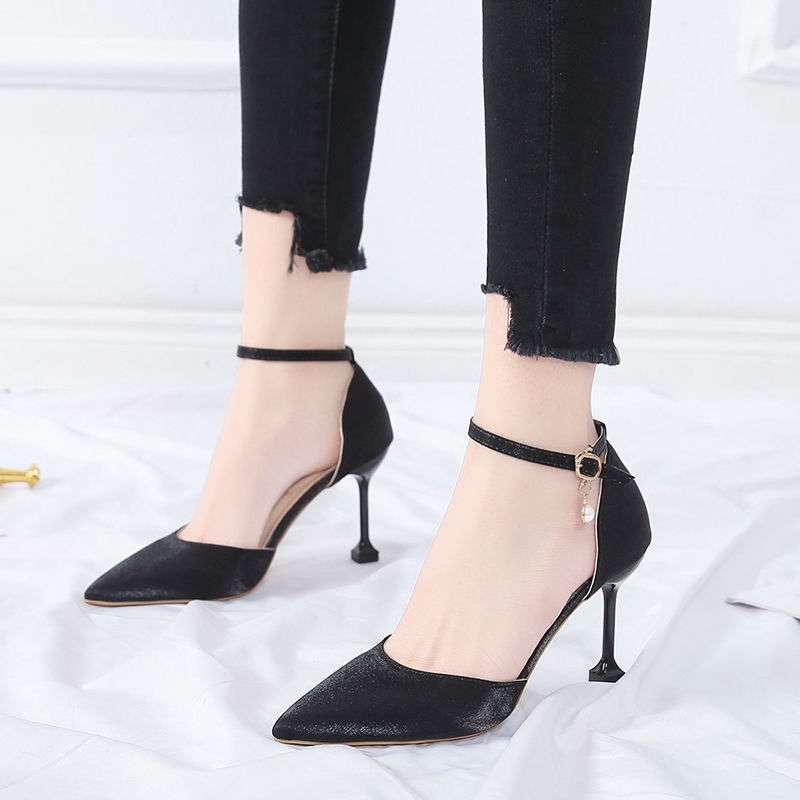 2025 summer new one-word buckle bag head sandals female French girl pointed head fairy wind stiletto sexy high heels