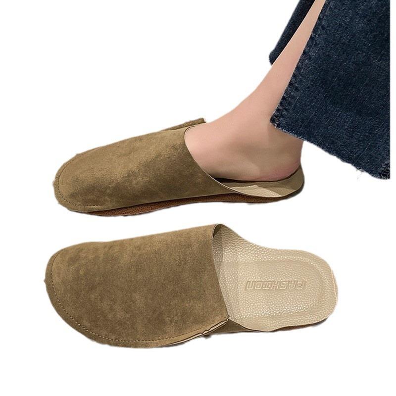 Grinding yarn bag head half slippers women's early spring new soft leather lazy shoes retro flat soft bottom cool slippers women