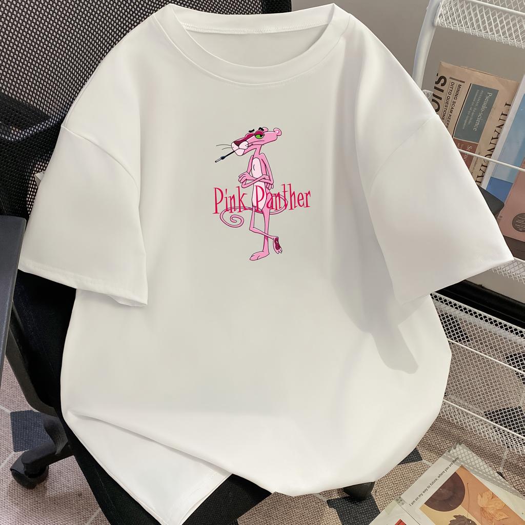 Sommar Ny Rosa Pantern T-shirt Y2K Mode Lös Casual Mångsidig Kortärmad Toppar Söt Rosa Pantern Kortärmad Toppar