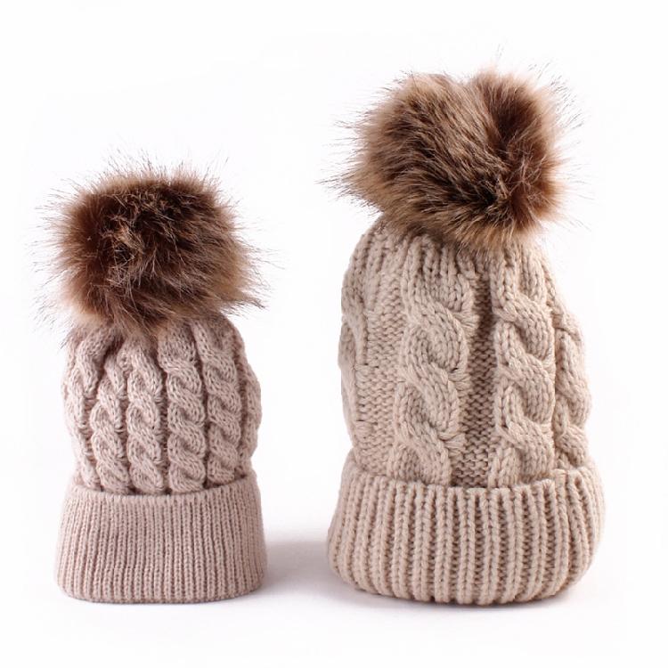 Pom Pom Hat in Matching Style for Parent Children Knitted Caps in Solid Color
