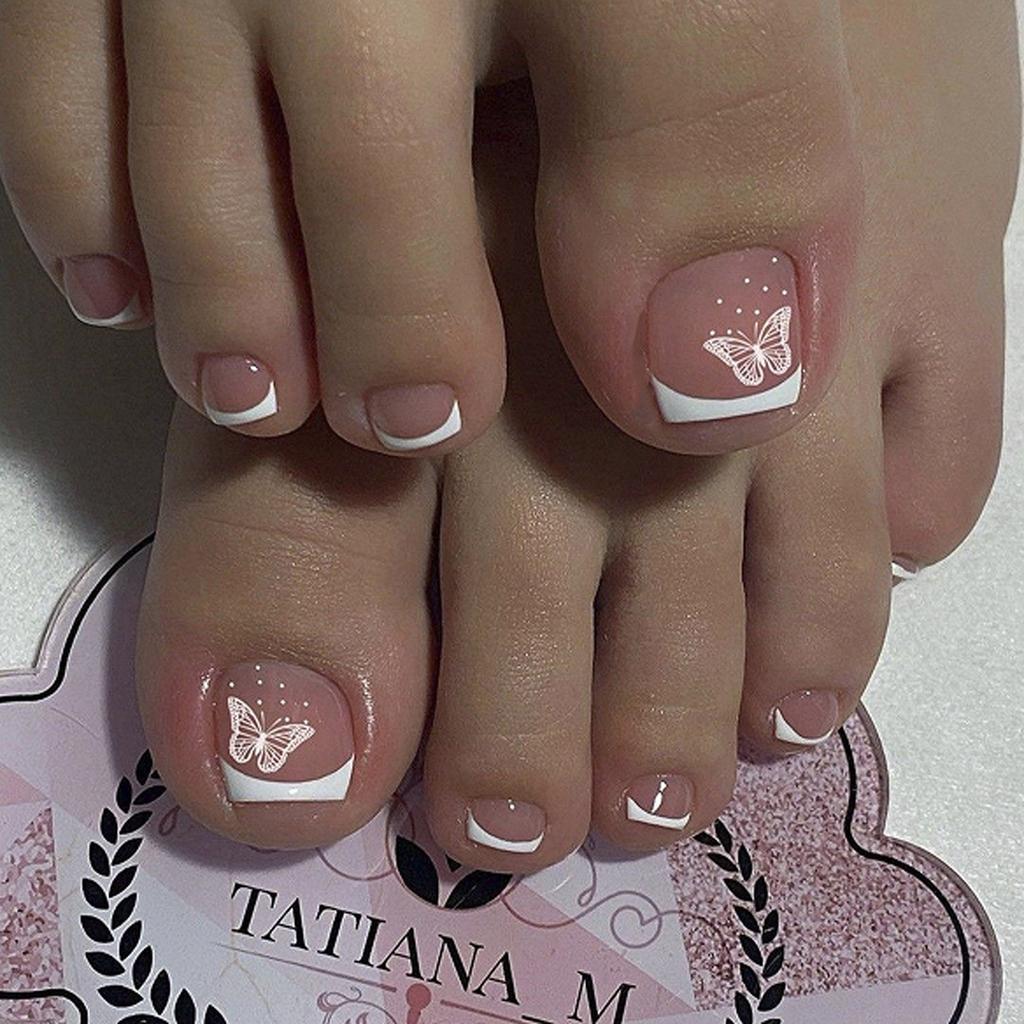 24Pcs Short Square Fake Toenails White French Tip With Flower Design Full Cover Press On Nails