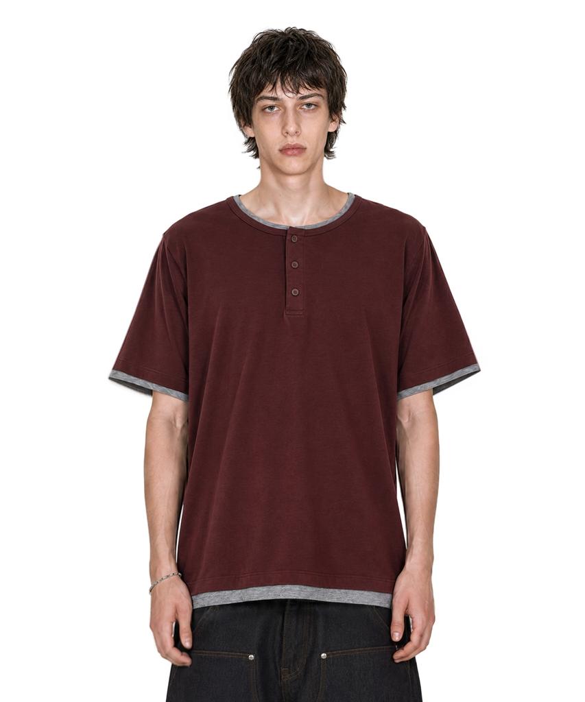 IDWS Layered Henley Neck T-Shirt Burgundy