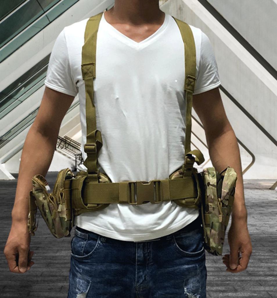 Tactical MOLLE Padded Waist Belt with Y-Shaped Suspenders 600D Heavy Duty Battle Belt Support Combat Load Carrier for Airsoft Hunting