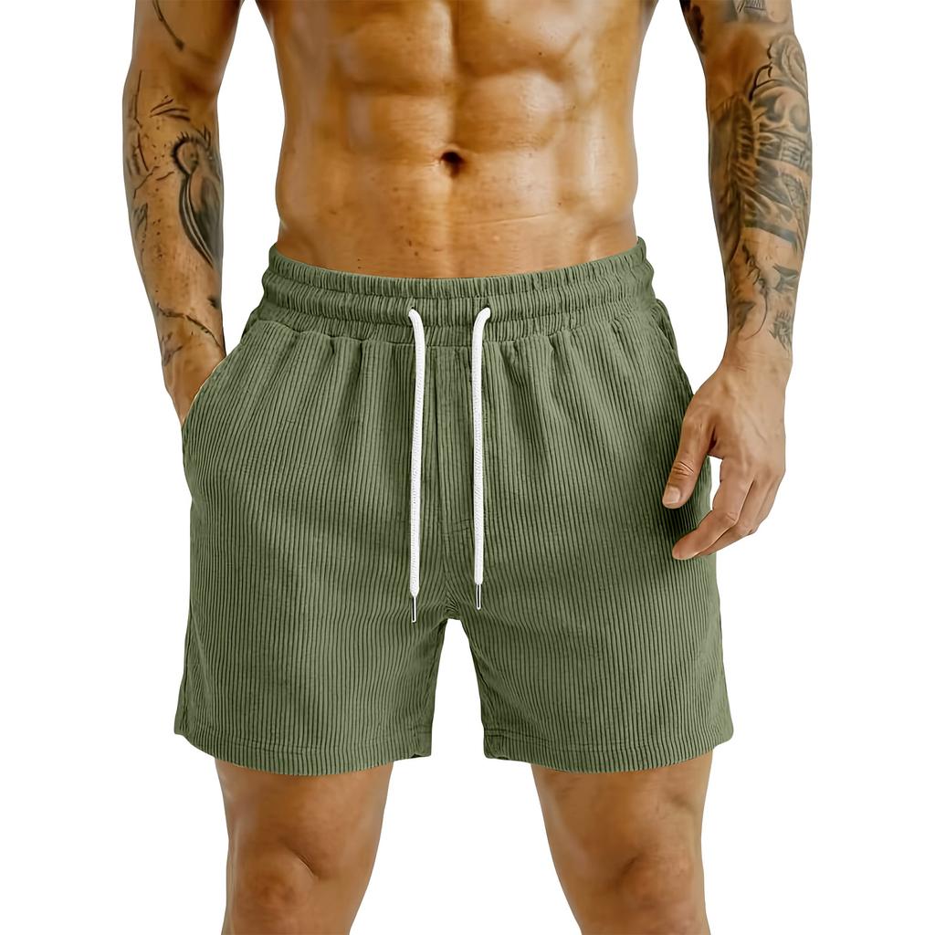 Men Corduroy Casual Shorts Elastic Waist Drawstring Loose Fit Outdoor Sports Beach Shorts with Pockets for Summer