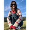 Autumn and Winter New Loose Soft Waxy Striped Contrasting Color Long-sleeved Sweater Women's Short Lazy Wind Knitted Cardigan