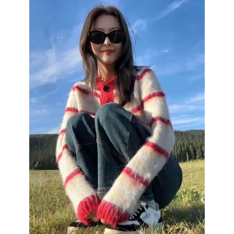 Autumn and Winter New Loose Soft Waxy Striped Contrasting Color Long-sleeved Sweater Women's Short Lazy Wind Knitted Cardigan