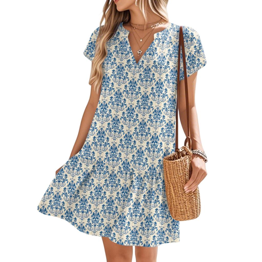 Women's Dresses Short Sleeve V-Neck Floral Printed Loose Casual Temperament Beach Dresses