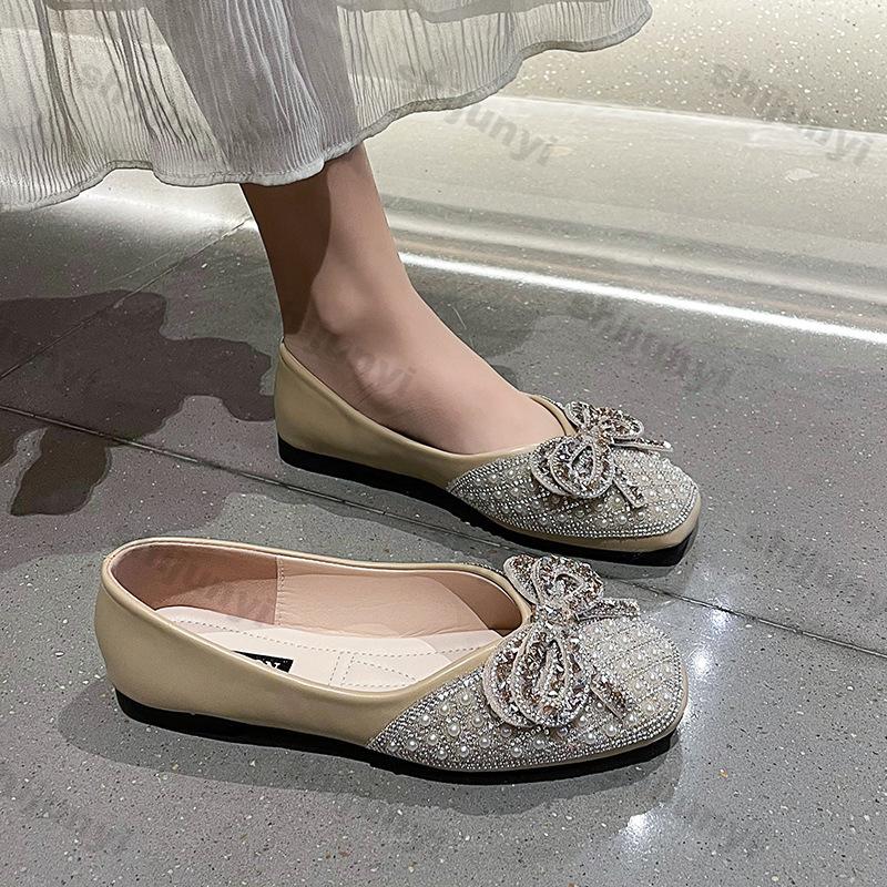 Damskie Buty 2026 Wiosna Nowa Moda Wygodne Miękka Podeszwa Węzeł Kwadratowy Nosek Baleriny Lekkie Cykiny Damskie Codzienne Mokasyny