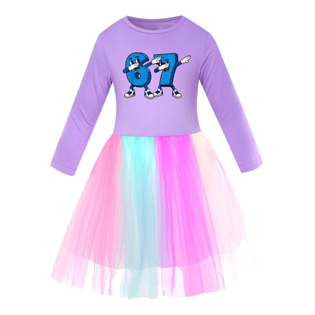 5226 Kids Girls Steal a Brainrot 67 Six Seven Print Mesh Rainbow Round Neck Casual Casual Cotton Dress