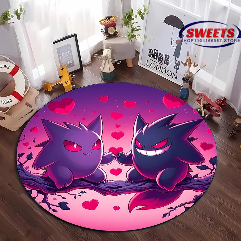 Pokemon Gengar Druck Runder Teppich, Kinderzimmer Bodenmatte Rutschfest Wohnzimmerteppich, Waschbarer Teppich für Heimdeko Geschenk Potdemiel