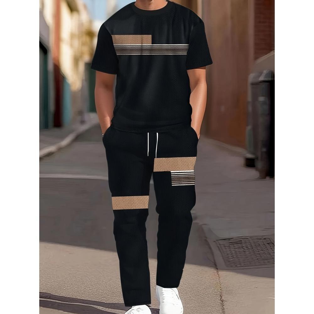 3D Navy Anchor Pattern Men's Set Summer Crew Neck Short Sleeve Shirt With Casual Trousers Two-Piece Set Casual Men's Set