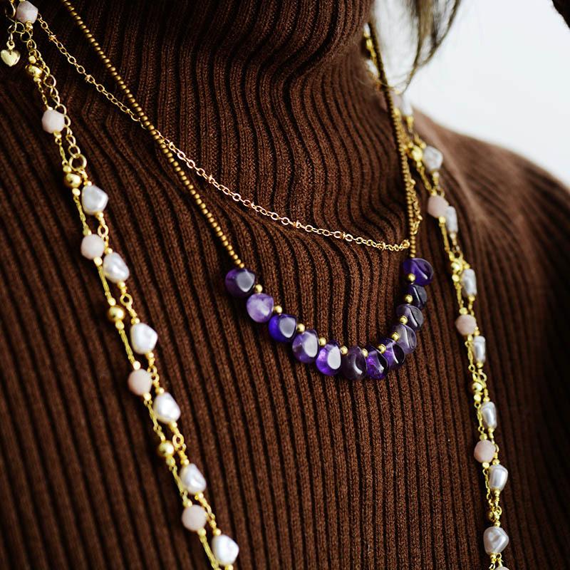 Luxury Bohemian European and American handmade jewelry, new natural stone amethyst pendant, water drop rice bead collarbone necklace batch