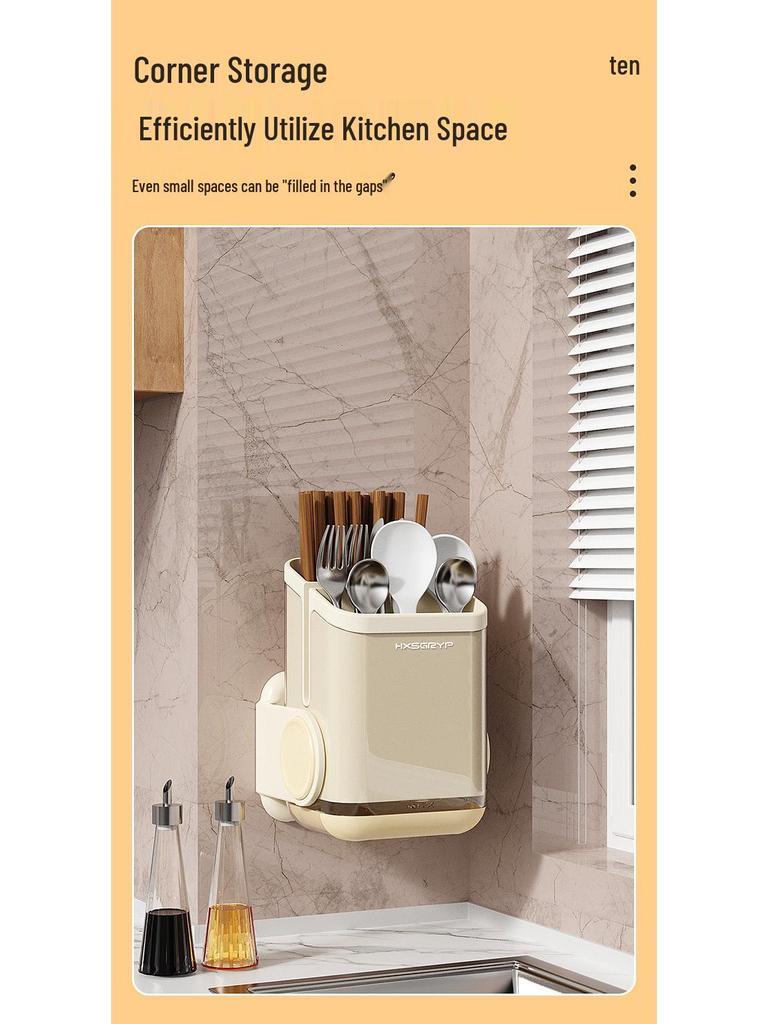 Wall-Mounted Anti-Mildew Chopstick and Utensil Holder With Draining Shelf.