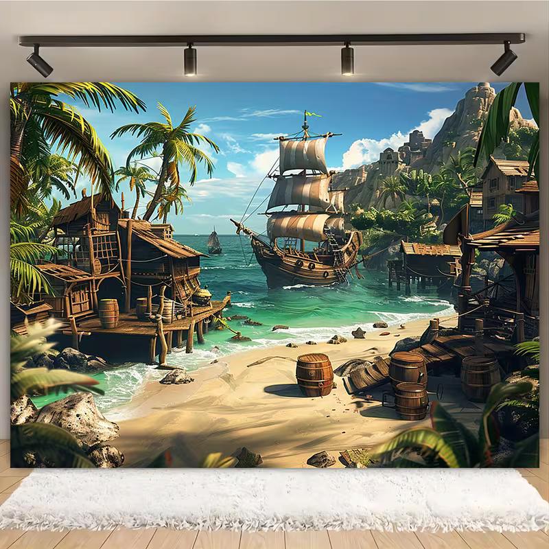 2D Caribbean Pirate Ship Backdrop for Themed Party Photoshoot 47.2x31.5inch/120*80cm