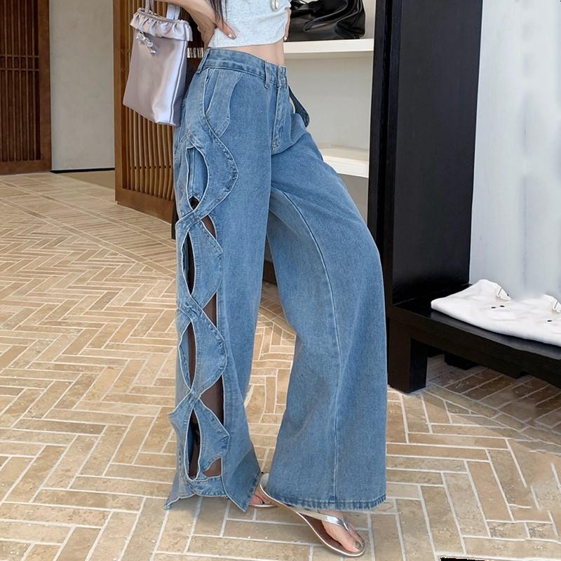 plus size Vintage Hole high waist casual loose Women spring summer autumn jeans denim wide leg Pants