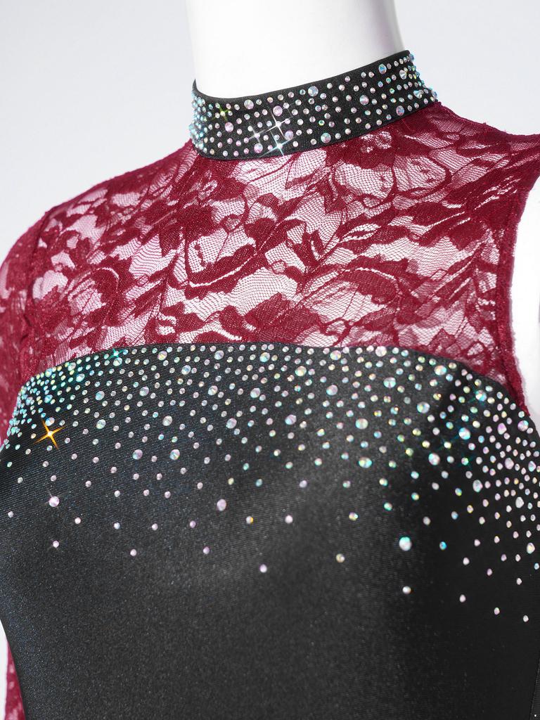 Damen Lyrical Dance Asymmetrisches Bodysuit-Kleid Einzelner Langer Ärmel Blumenspitze Unregelmäßiger Saum Rock
