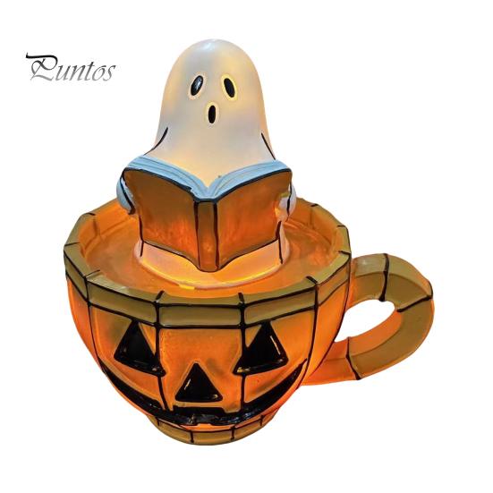 Halloween Bedside Light Ghost Reading Book Lamp, Stained Glass Style Night Light, Resin Spooky Pumpkin Mug Lamp for Bedroom, Living Room, Party,