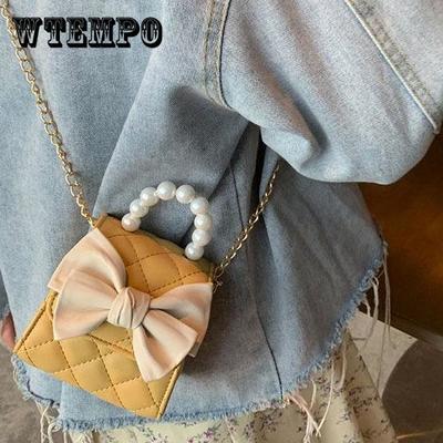 Women's Pearl Mini Bag Solid Color Bowknot Versatile Single Shoulder Bag Rhombic Grid Messenger Bag Casual Handbag