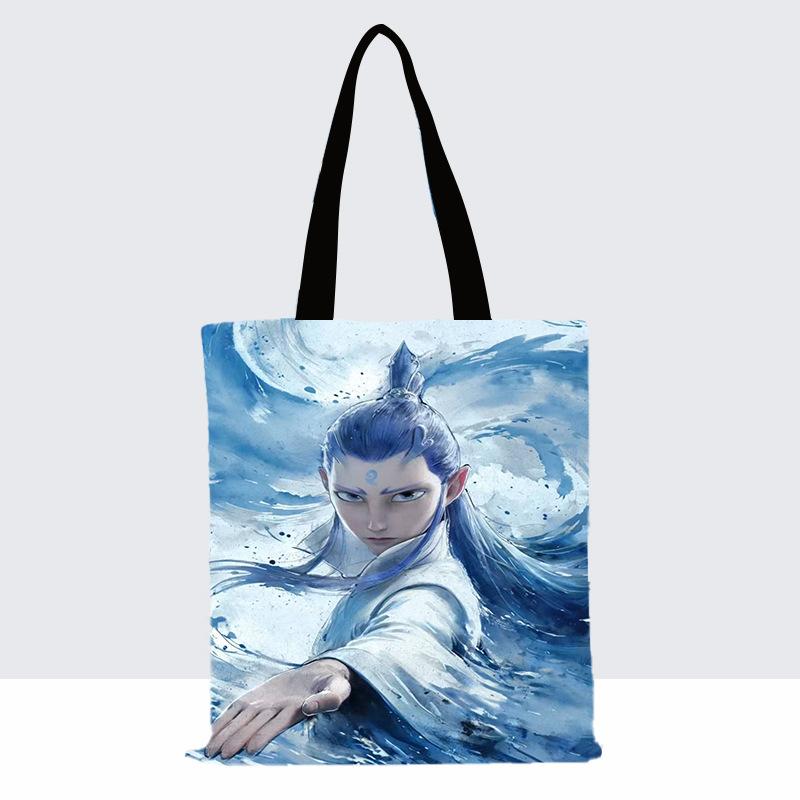 2025 Новая популярная холщовая сумка Nezha потрясающая сумка через плечо с мультяшным принтом портативная сумка для покупок большой вместимости сумка с односторонней печатью для взрослых и детей 37341cm 829₽