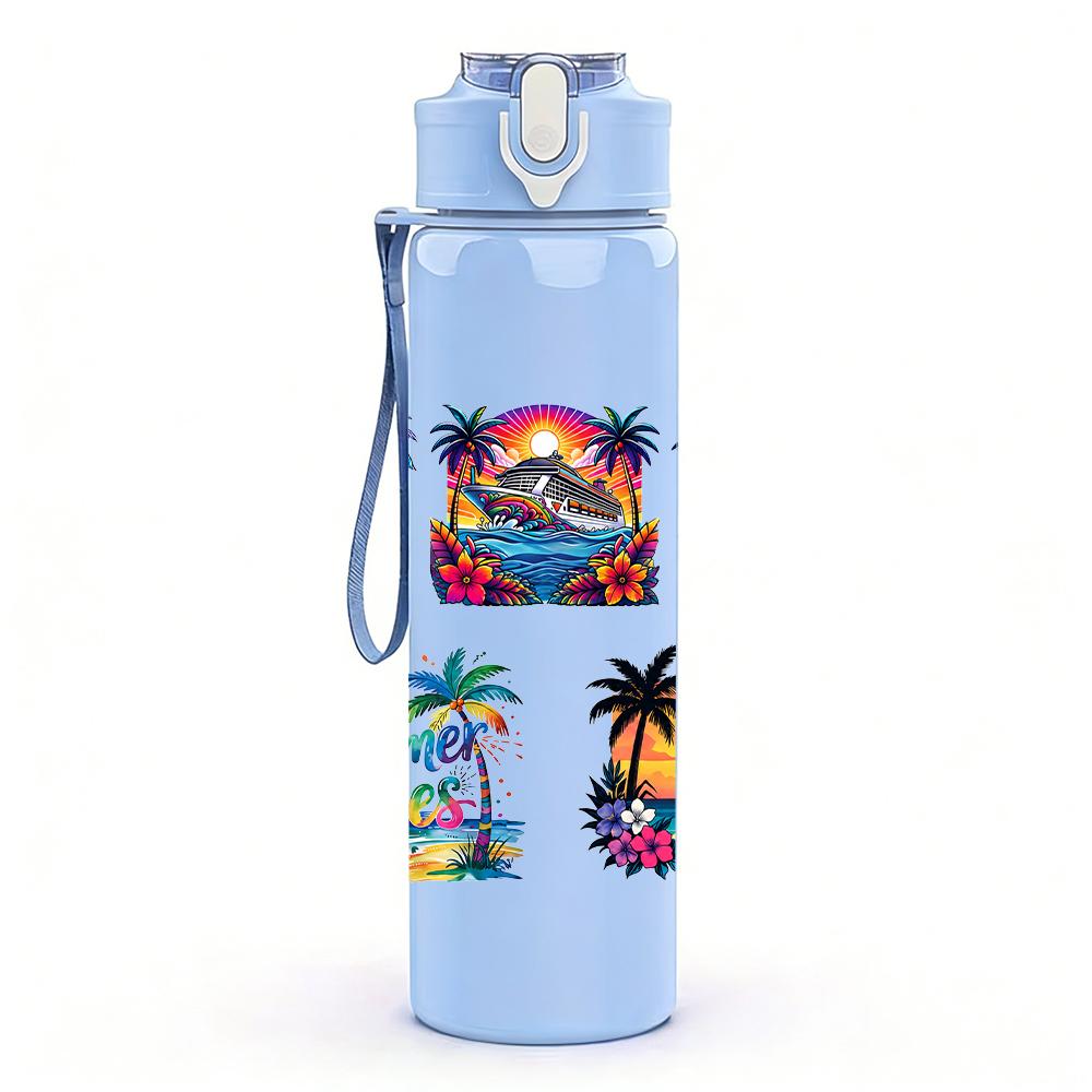 1PC Tropical Palm Island Graphic,750ml Color Plastic Sports Water Bottle,Leakproof Flip Straw Lid,Suitable for Sports Office Home Use