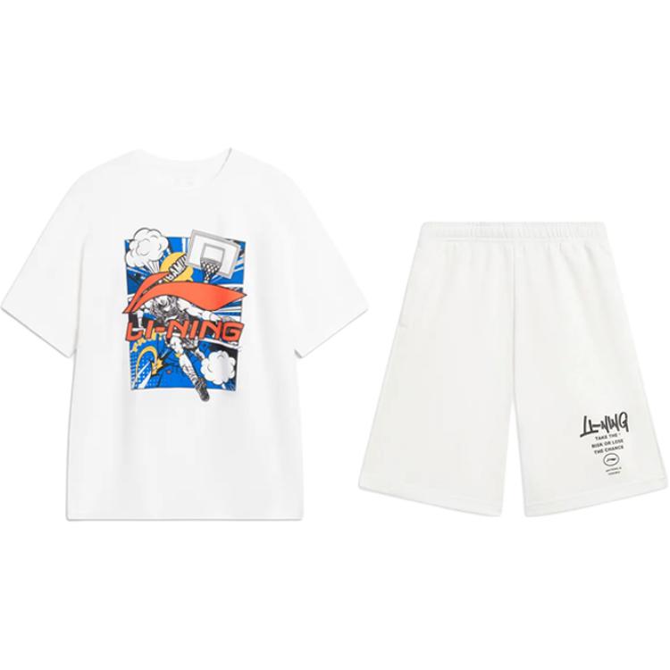 Li-Ning Cartoon Graphic Logo Print Comfortable Round Neck Pullover Short Sleeve Simple Versatile Shorts Casual Sports Suit AHSU805-2+AKST593-7