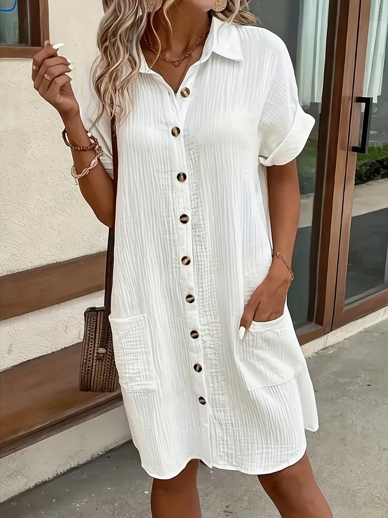 Summer casual solid color shirt breasted medium and long short-sleeved loose dress women's clothing
