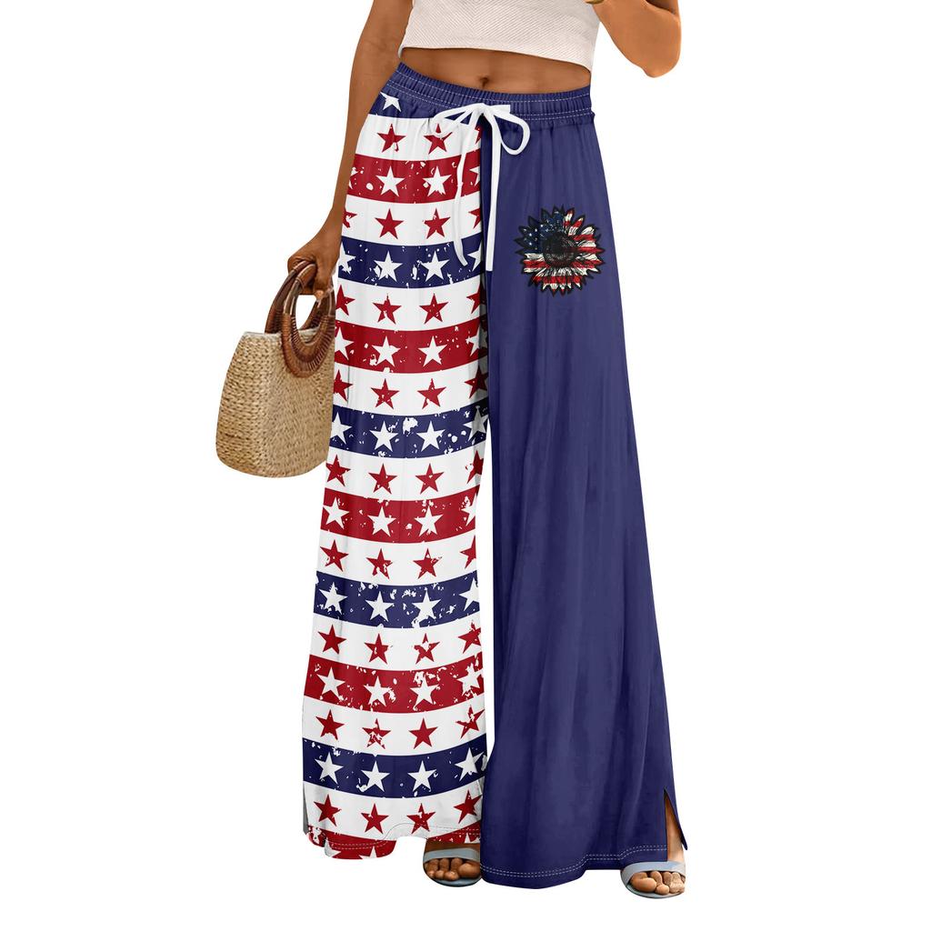 Women Summer Boho Palazzo Pants High Waist Wide Leg Independence Printing Casual Trousers With Pockets