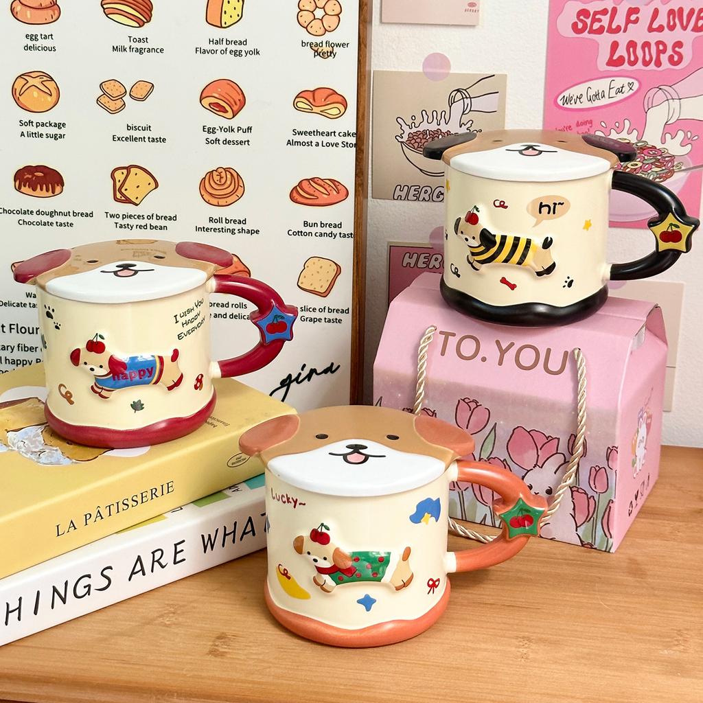 Smart Dachshund Dog Ceramic Cup Mug with Lid Student Water Cup Home Souvenir Birthday Gift Couple Cup