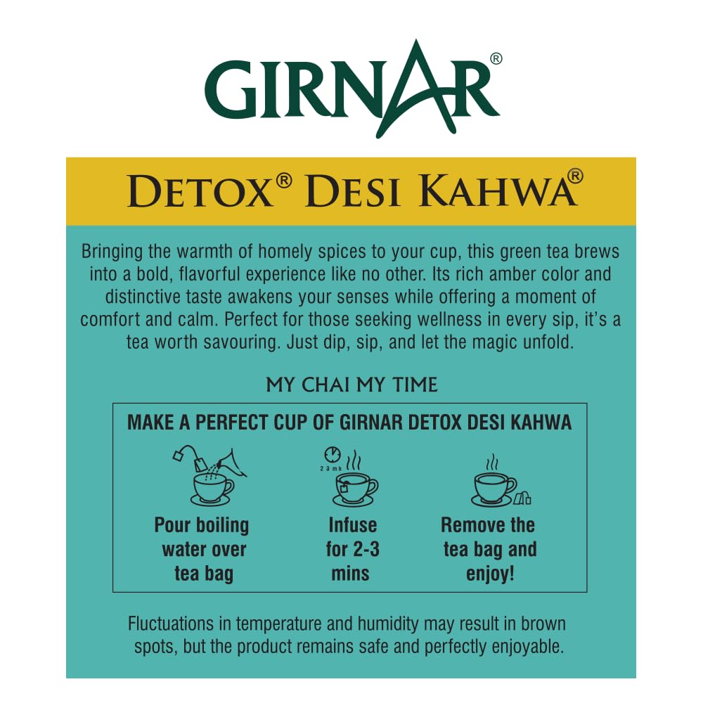 Girnar Detox Green Tea Desi Kahwa 36 Tea Bags 90 gm Low Caffeine Herbal Infusion for Relaxing Moments