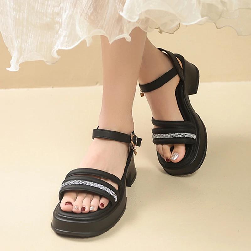 Fashion Crystal Band Thick Soled Sandals Woman Summer Ankle Buckle High Heel Sandals Women Open Toe Non Slip Gladiator Sandalias Mujer