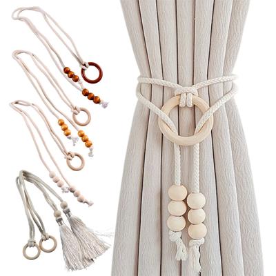 Natural Wood Bead Curtain Strap with Tassel Ring Decorative Holdbacks Living Room Curtain Tie Home Decor