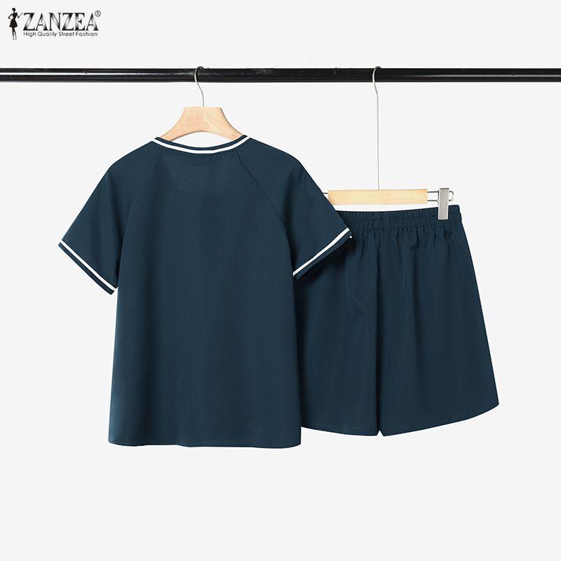 ZANZEA Women Short Sleeve Blouse and Shorts Summer Two Piece Suit Sets