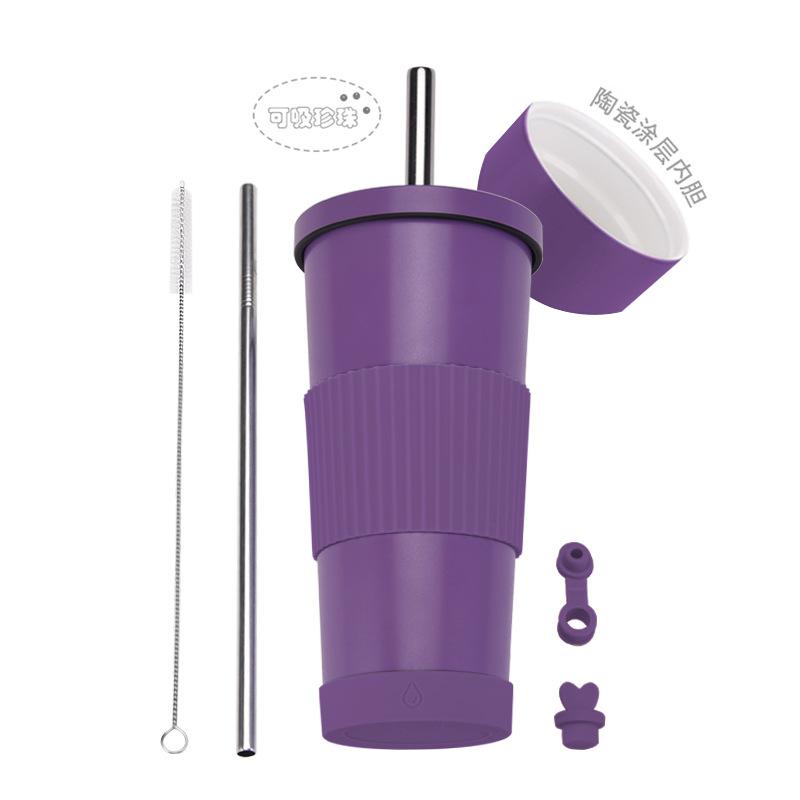 2025710Ml Stainless Steel Straw Cup Female Ceramic Liner Milk Tea Cup Non-Slip Portable Straw Thermos Cup