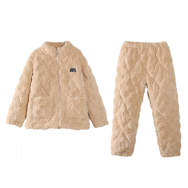 [Super Thick] Women's padded pajamas, thickened three-layer warm coral fleece padded jacket, high-collar loungewear set in winter