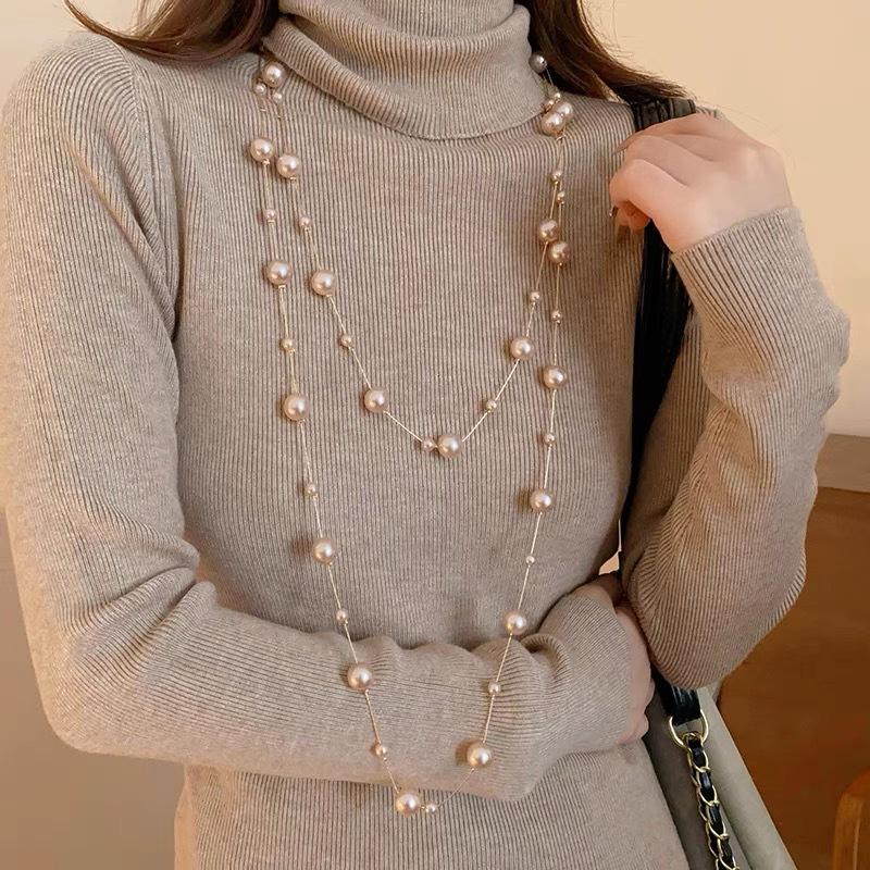 New Elegant Long Double Layer Simulated Pearl Necklace Women Sweater Chain Female Collares Statement Jewlery Accesories