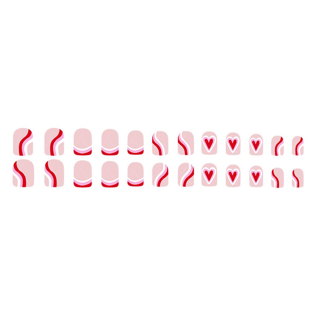 24 Pcs Valentines Day Press On Nail Short Square Festival False Nail Heart Stick On Nail French Tip Acrylic Nail