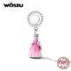 WOSTU 925 Silver Pink Dress Crown Princess Charm Bead Pendant Fit Original Bracelet Necklace For Women Jewelry CQC2203