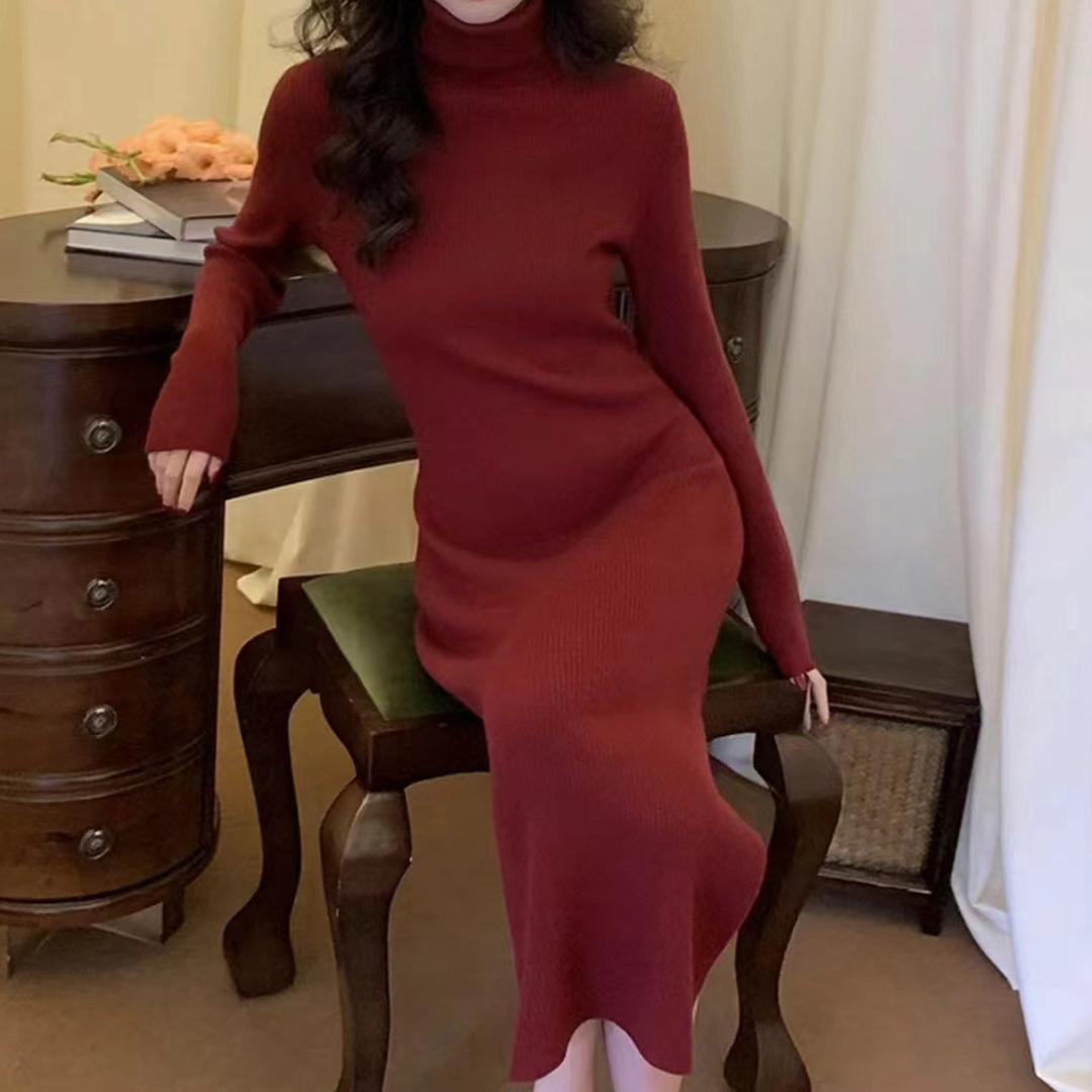 

Осень и зима новый облегающий и тонкий универсальный низ вязаное платье женское полувысокое горло однотонное рубчик длинный свитер юбка One Size бордовый