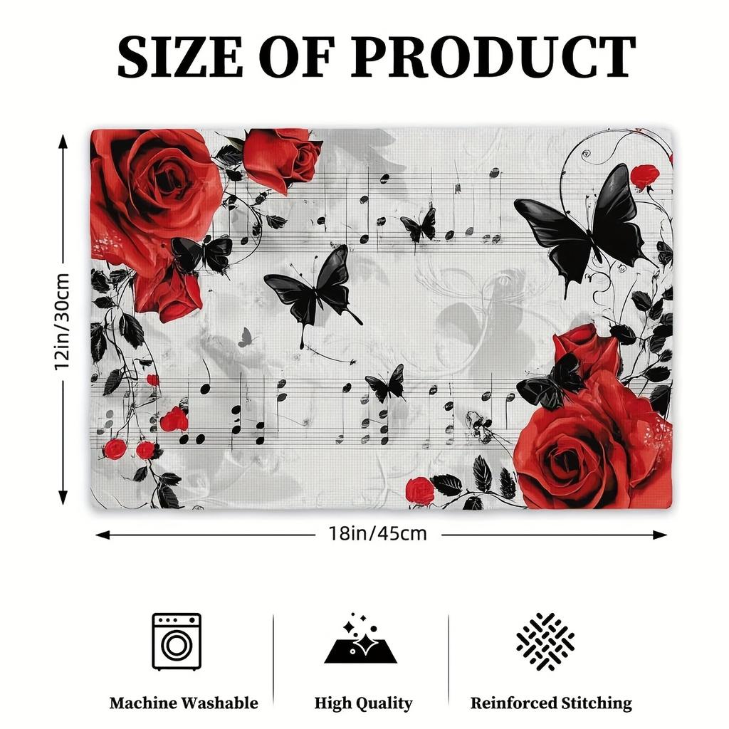 4pcs Elegant Red Rose & Black Butterfly Placemats On White Background - 12"x18" Polyester Woven Table Mats for Spring/Summer Dining, Wedding Banquets