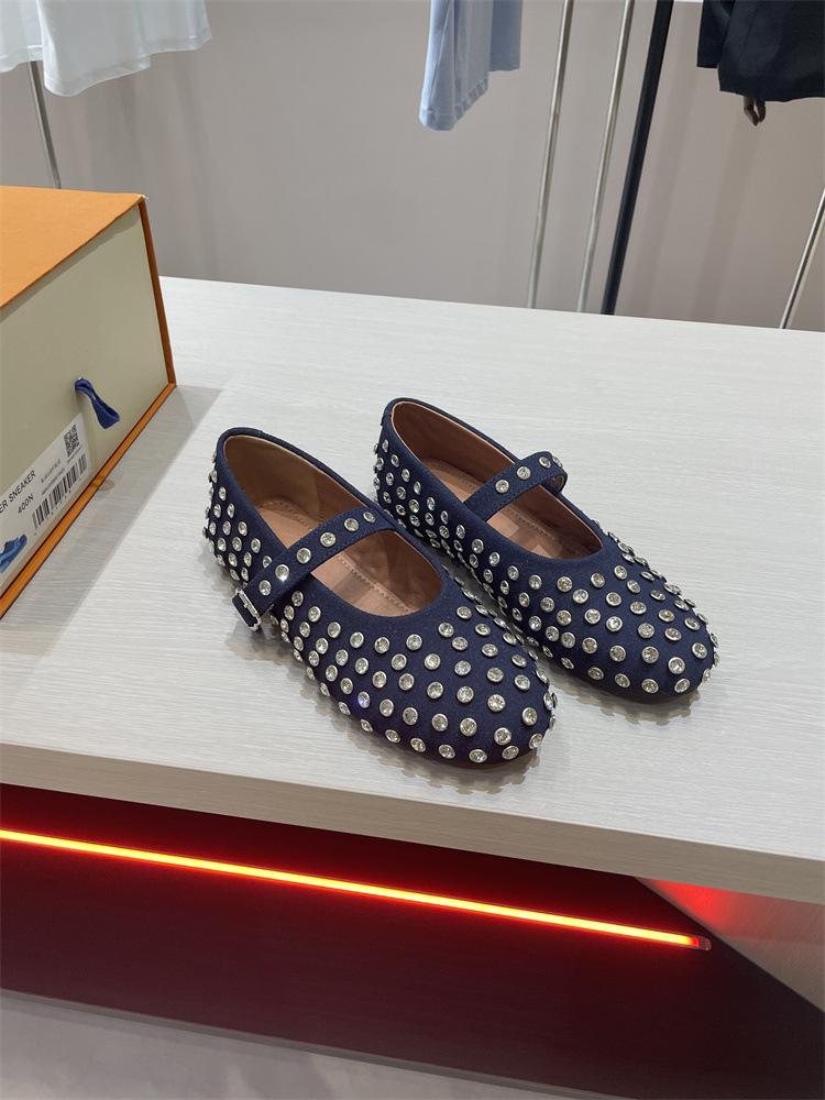 

Cowhide version~ round head one-word buckle band ballet shoes women s full diamond flats hollowed out Mary Jane single shoes fishing net shoes 35