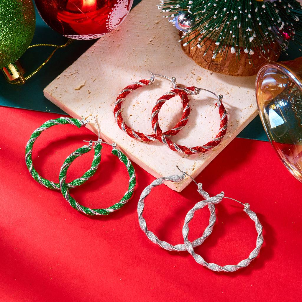 Neues trendiges Weihnachten Verdrehtes C-Form Hängeohrringe Set für Damen Mode Metall Rot Grün Kreis Ohrringe Festival Party Schmuck