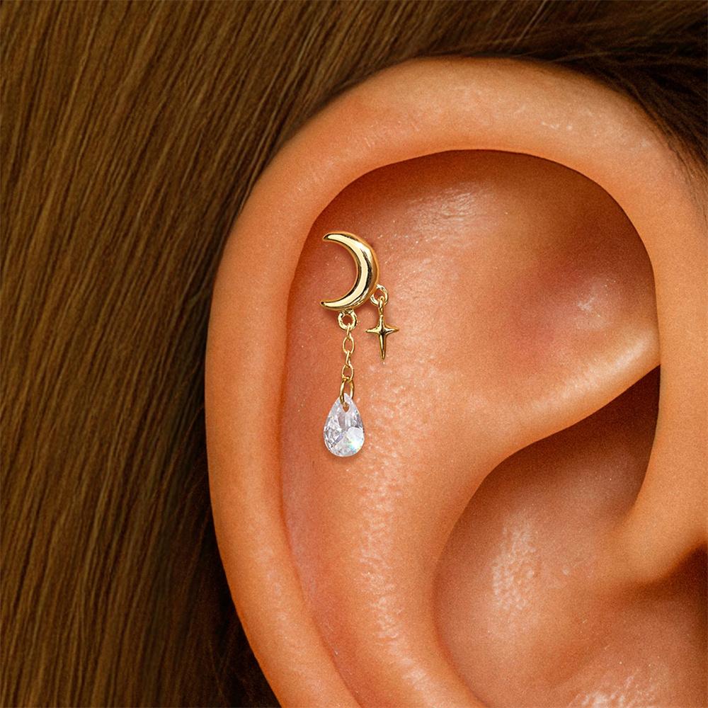 18K Gold S925 Sterling Silver Single Flat Back Piercing Earring Moon Star Tassel Eye Blue Crystal Four Point Star Design