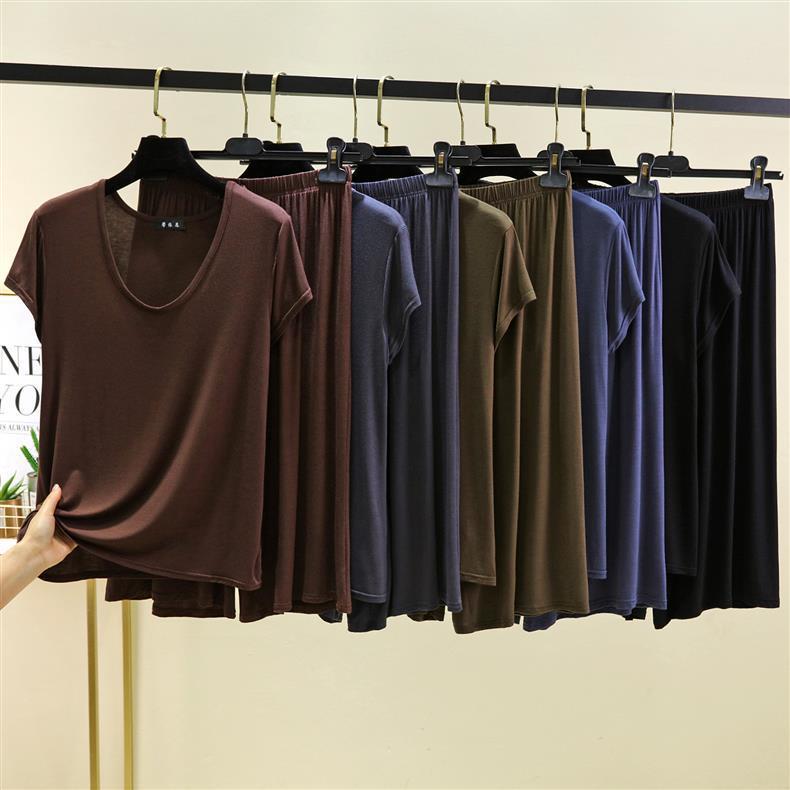 Women's Casual Two-Piece Set: Modal U-Neck T-Shirt & High-Waisted Tie-Waist Wide-Leg Pants