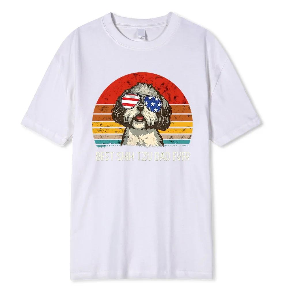 Best Shih Tzu Dad Ever Funny Printing Mens Cotton O-Neck T-Shirt Summer Loose Oversize Clothing Breathable Brand T-Shirts Man