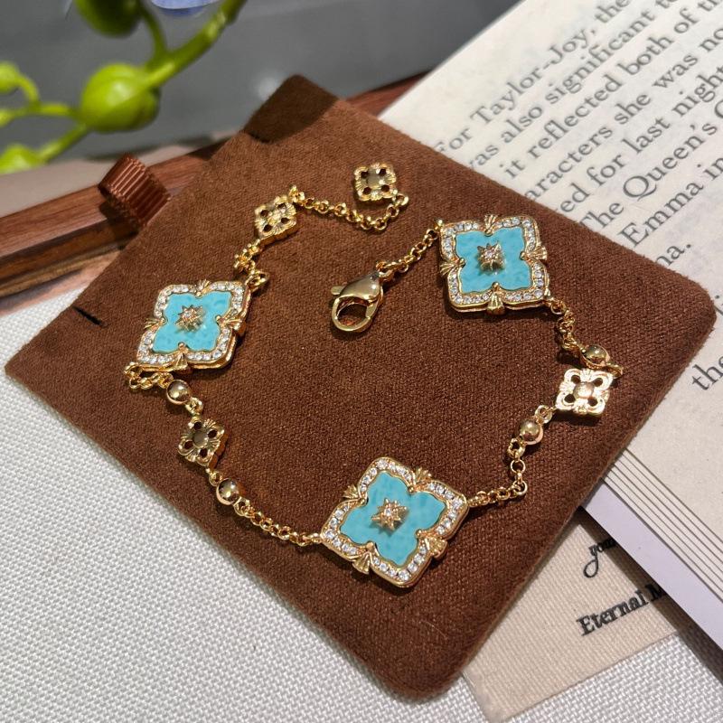 Italian Cloth Qi Lati Natural White Fritillary Four-Leaf Clover Bracelet Women'S Fashion Retro Rhombus Chalcedony Jewelry